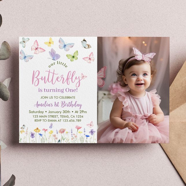 Butterfly Birthday Invitation Baby Girl Photo (Creator Uploaded)