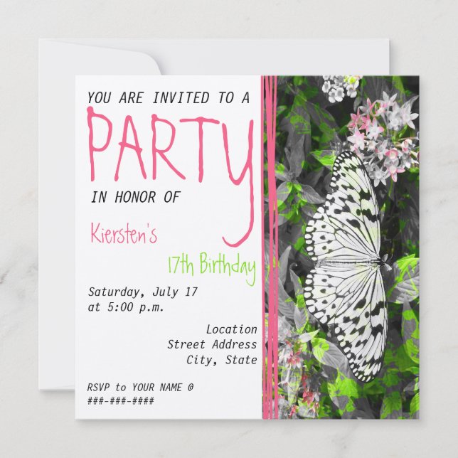 Butterfly Birthday Invitation - Black White Colour (Front)