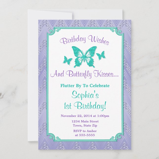 Butterfly Birthday Invitation Purple Teal (Front)