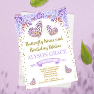 Butterfly birthday invitations, purple gold girl invitation
