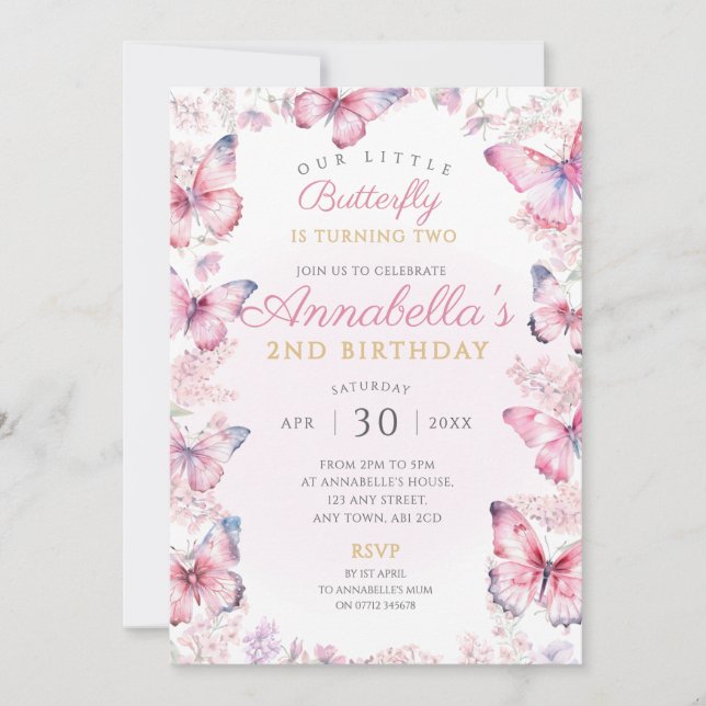 Butterfly Birthday Party Invite Pink Butterflies (Front)