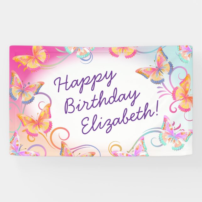 Butterfly Birthday Party Kids Colourful  Banner (Horizontal)