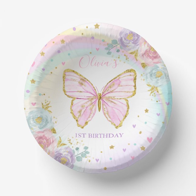 Butterfly Birthday Party Pink Floral Butterfly Paper Plate (Front)