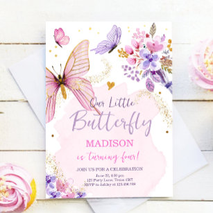Butterfly Birthday Party Purple Floral Pink Girl I Invitation