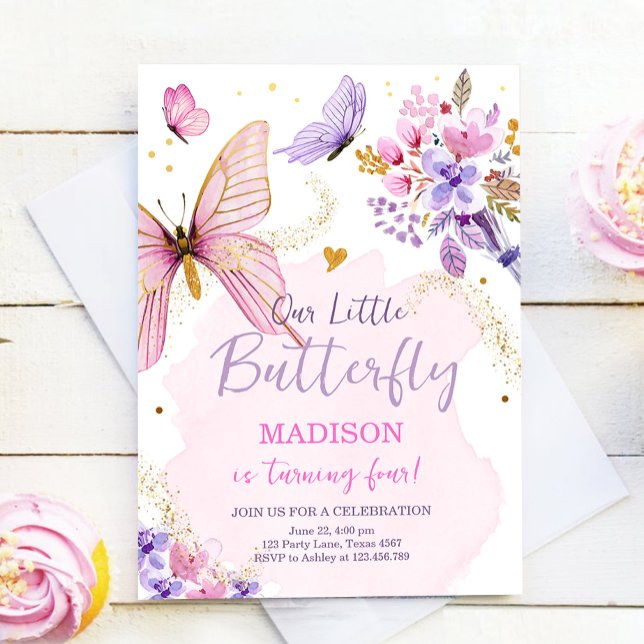 Butterfly Birthday Party Purple Floral Pink Girl I Invitation (Creator Uploaded)