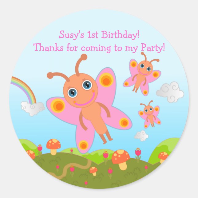 Butterfly Birthday Party thank you note Classic Round Sticker (Front)
