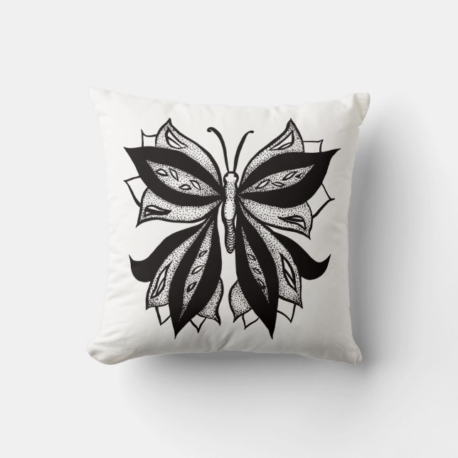 Butterfly Black And White Tribal Tattoo Cushion (Front)