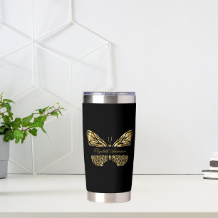 Butterfly black gold elegant name script insulated tumbler