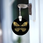 Butterfly black gold elegant name script key ring<br><div class="desc">An elegant black background decorated eith a faux gold butterfly. Personalize and add your name.</div>