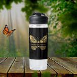 Butterfly black gold name script water bottle<br><div class="desc">A faux gold butterfly on a black background.  Personalise and add your name.</div>