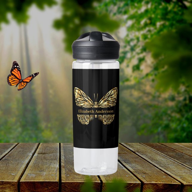 Butterfly black gold name script water bottle (Creator Uploaded)