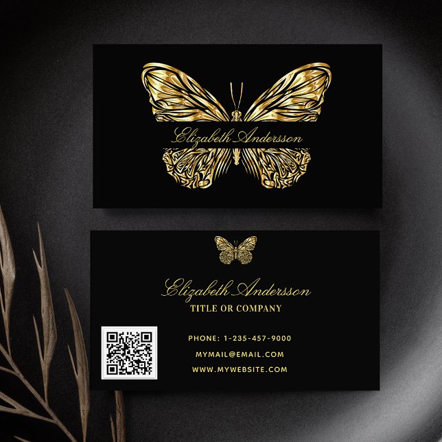 Butterfly black gold QR code elegant script Business Card (Creator Uploaded)