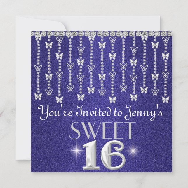Butterfly BLING SWEET 16 ROYAL BLUE Invitation (Front)