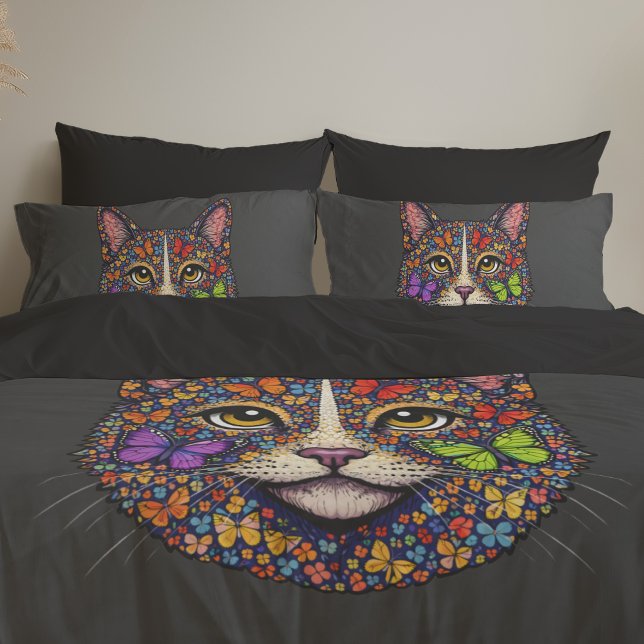 Butterfly Blooms Cat Portrait | Kitty Graphic Art  Pillowcase (Creator Uploaded)