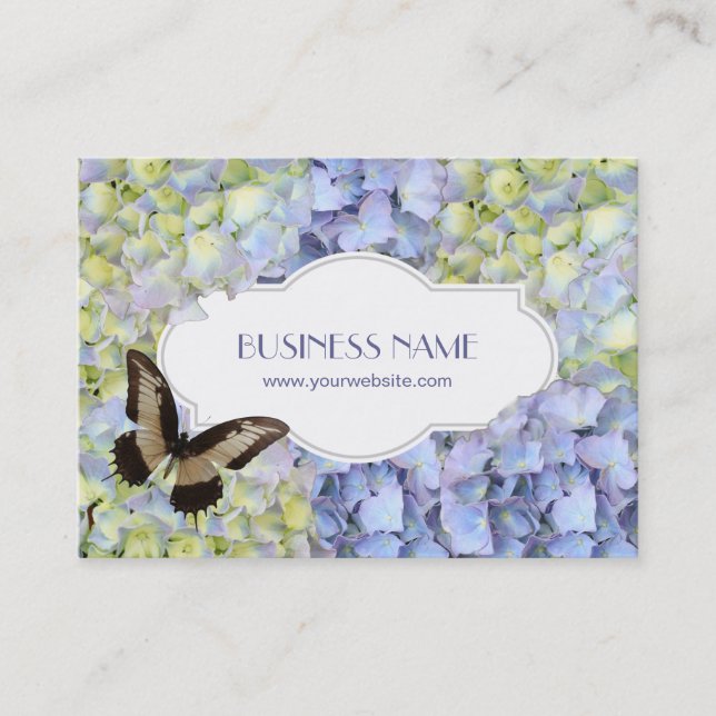 Butterfly & Blue Hydrangea Flowers Business Cards (Front)