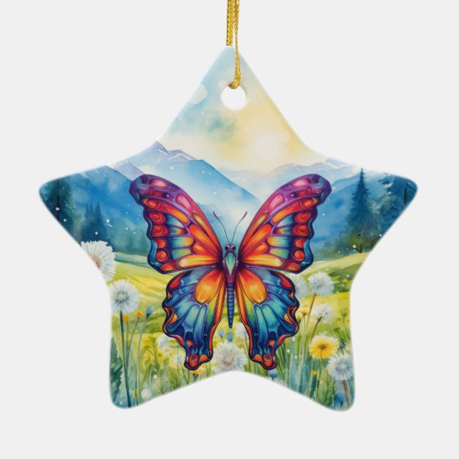 Butterfly Blue Orange Wings Ceramic Tree Decoration (Back)