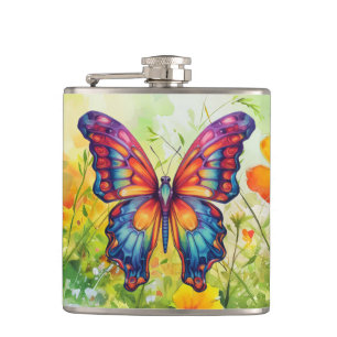 Butterfly Blue Orange Wings Hip Flask