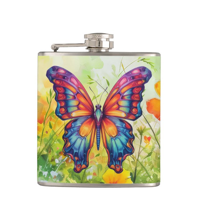 Butterfly Blue Orange Wings Hip Flask (Front)