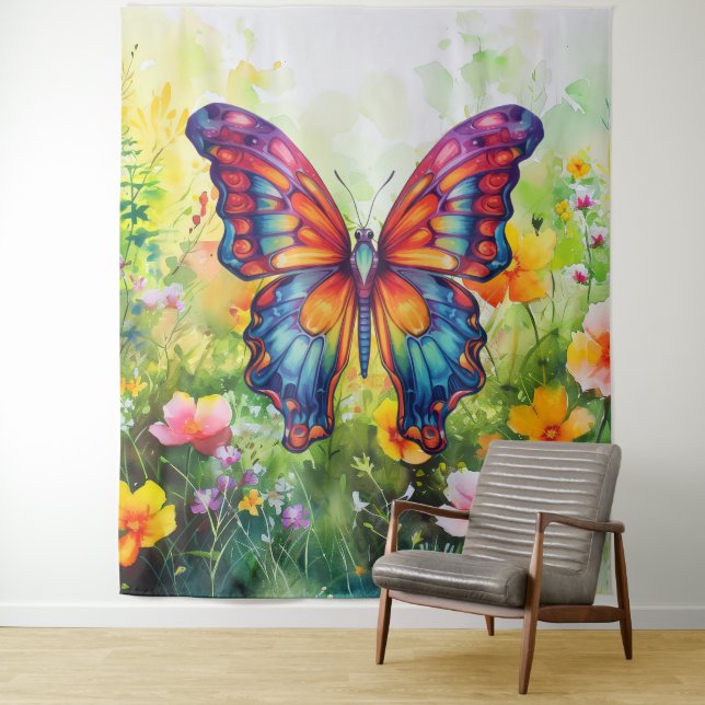 Butterfly Blue Orange Wings Tapestry (In Situ)