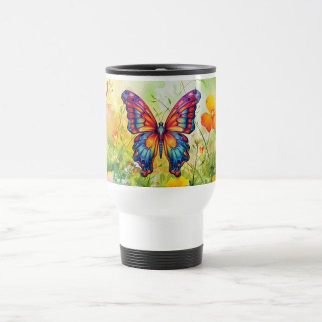 Butterfly Blue Orange Wings Travel Mug (Center)