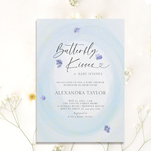 Butterfly Blue Tender Watercolor Baby Boy Shower Invitation (butterfly baby shower theme boy invitation watercolor whimsical sprinkles garden party spring summer)