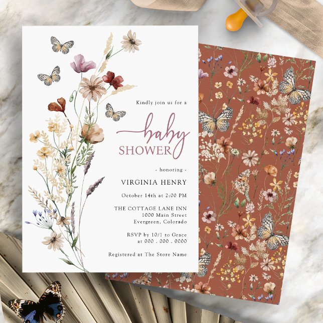 Butterfly Boho Wildflower Baby Shower Invitation (Terracotta Butterfly Boho Wildflower Baby Shower Invitation by Painted Paperie
)
