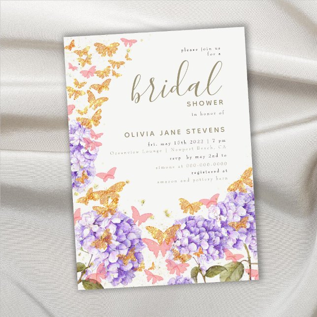 Butterfly Bridal Shower Hydrangea Gold Elegant Invitation (Creator Uploaded)