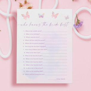 Butterfly Bridal Shower Who Knows Bride Game Card