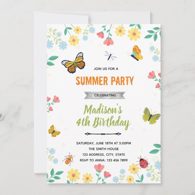 Butterfly bugs garden summer invitation (Front)
