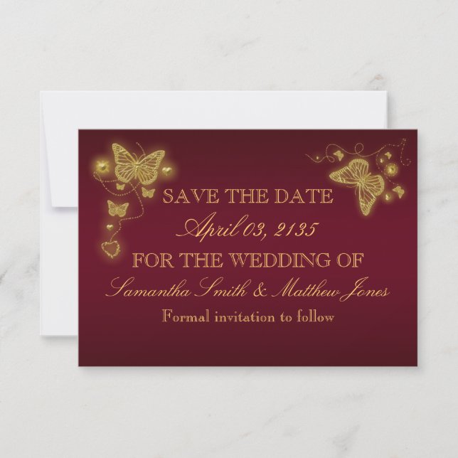 Butterfly burgundy gold wedding response save the date (Front)