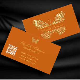 Butterfly burnt orange gold QR code elegant Business Card