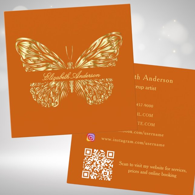 Butterfly burnt orange gold QR code elegant script Square Business Card (Creator Uploaded)