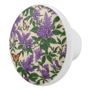 Butterfly bush purple flowers and butterflies ceramic knob