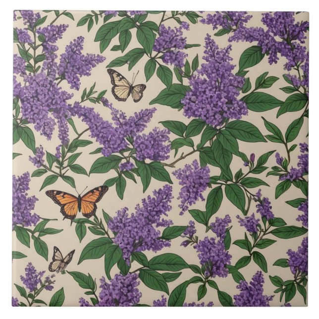 Butterfly bush purple flowers and butterflies tile (Front)