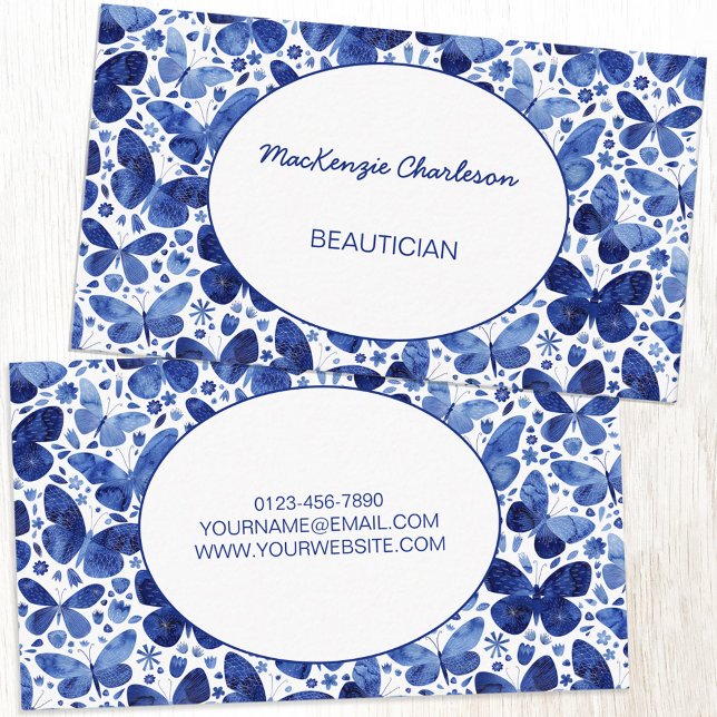 Butterfly Business Card (Indigo navy blue and white watercolor butterfly pattern custom modern business card)