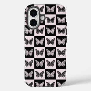 Butterfly Chequered Pattern in Black and White iPhone 16 Case