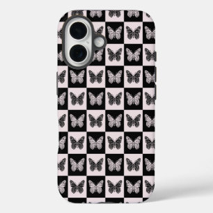Butterfly Chequered Pattern in Black and White iPhone 16 Case