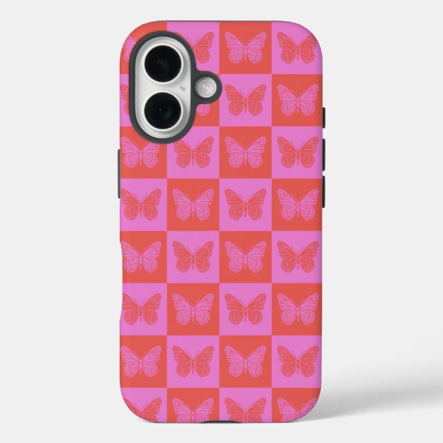 Butterfly Chequered Pattern in Pink and Red Case-Mate iPhone Case (Back)