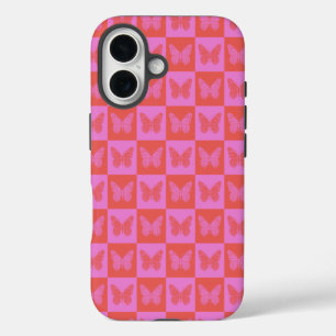 Butterfly Chequered Pattern in Pink and Red iPhone 16 Case