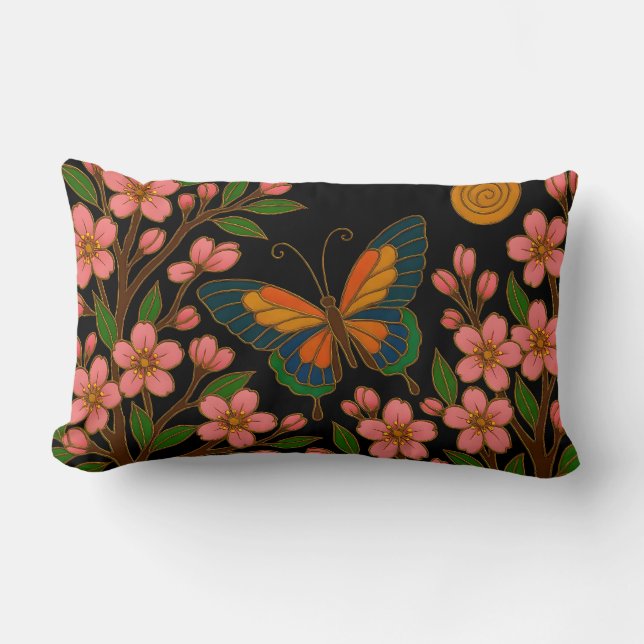 Butterfly Cherry Blossom Moon Lumbar Cushion (Front)