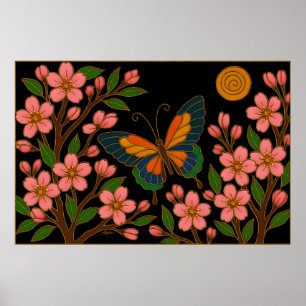 Butterfly Cherry Blossom Moon Poster