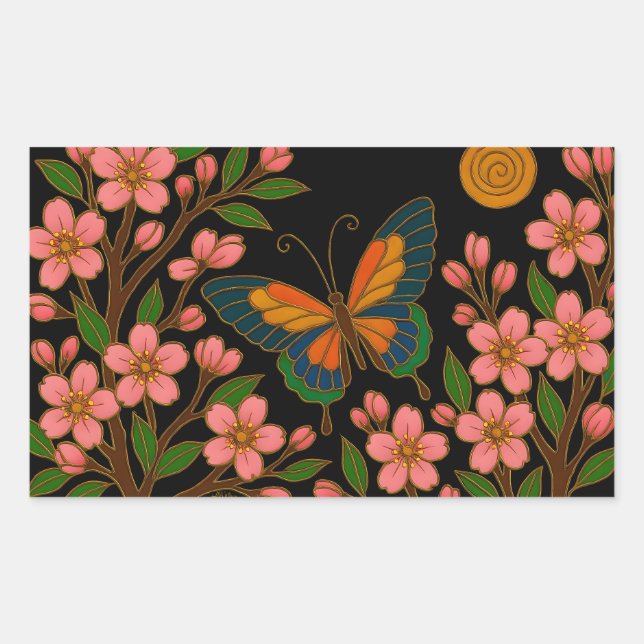 Butterfly Cherry Blossom Moon Rectangular Sticker (Front)