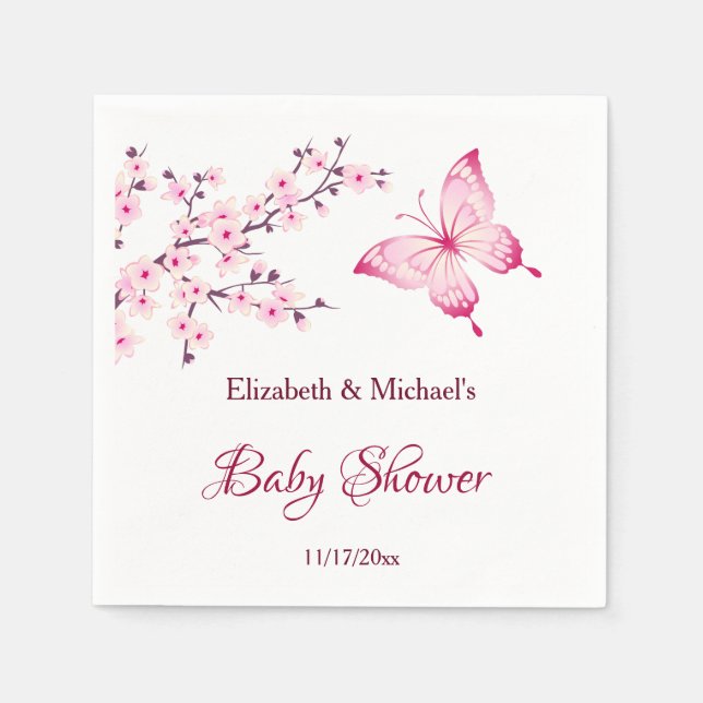 Butterfly Cherry Blossom Pink White Baby Shower   Napkin (Front)