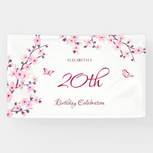 Butterfly Cherry Blossoms Pink White Banner