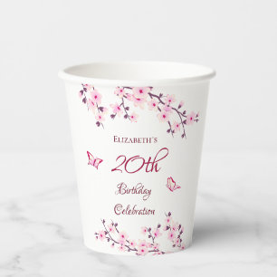 Butterfly Cherry Blossoms Pink White Birthday Paper Cups