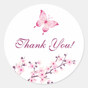 Butterfly Cherry Blossoms Pink White Thank You Classic Round Sticker