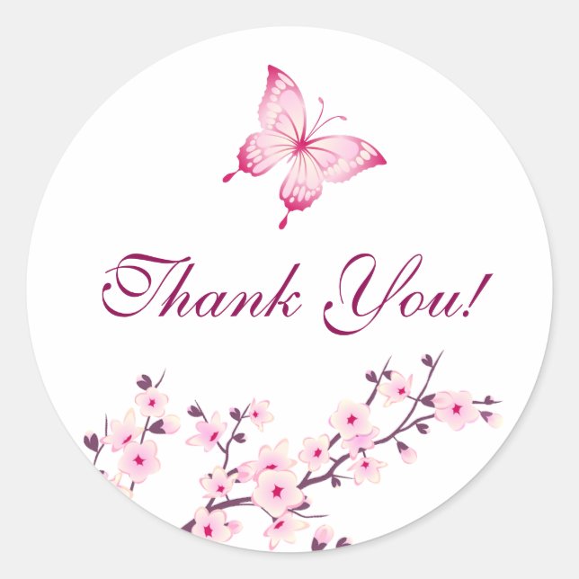 Butterfly Cherry Blossoms Pink White Thank You Classic Round Sticker (Front)