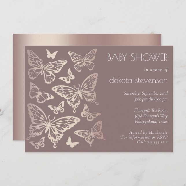 Butterfly Chic Baby Shower | Copper Rose Gold Invitation (Front/Back)