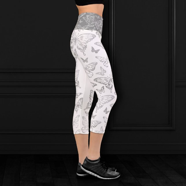 Butterfly Chic | Faux Metallic Silver Grey Pattern Capri Leggings (Creator Uploaded)