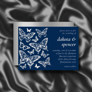 Butterfly Chic Wedding   Navy Blue and Silver Grey Invitation